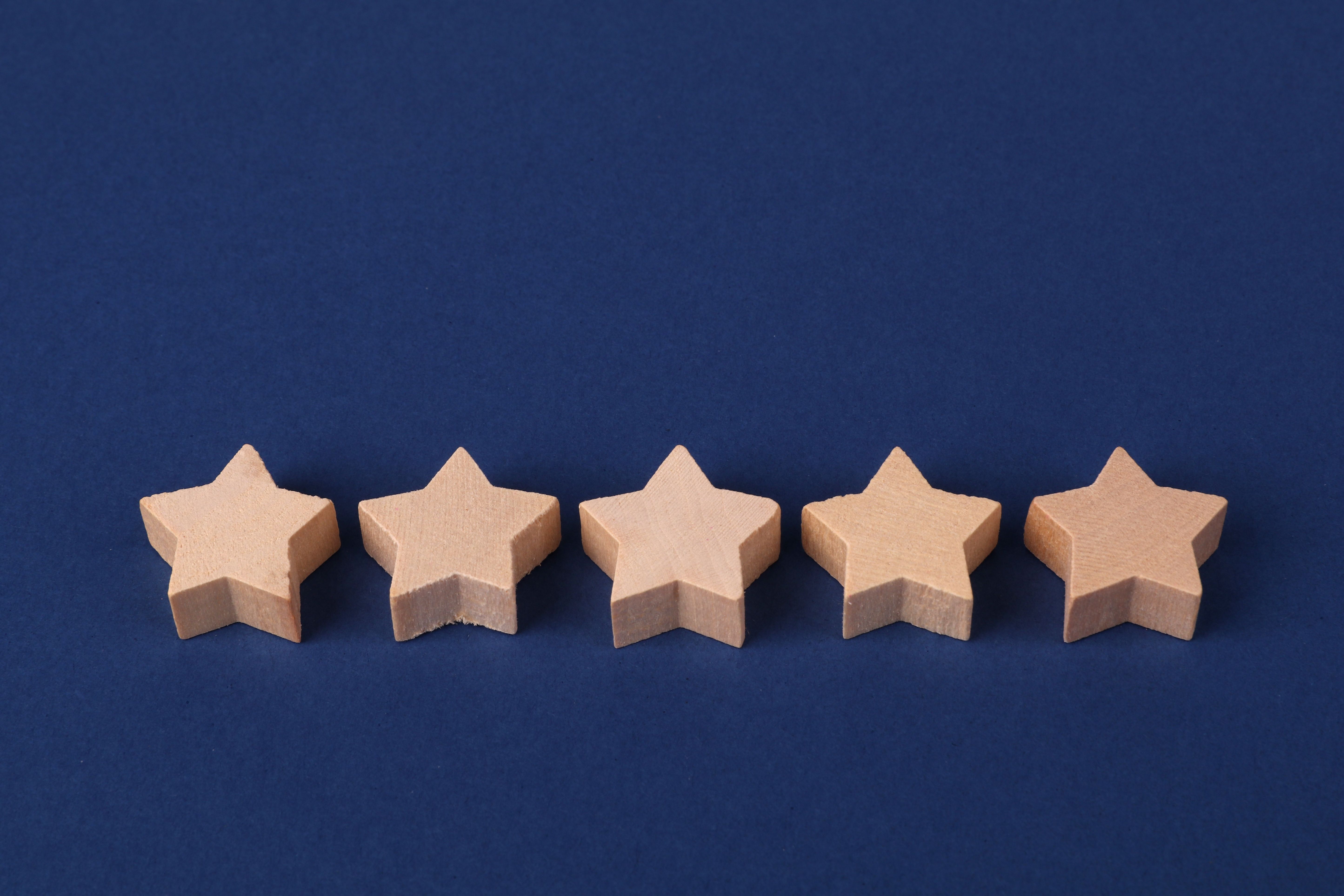 Five wooden stars representing five-star customer reviews and ratings